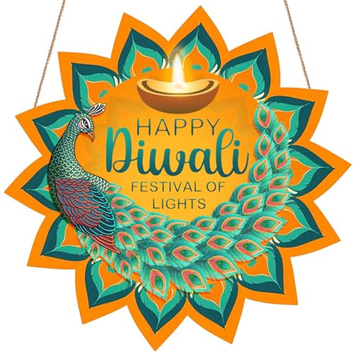 Décorations de porte à suspendre Happy Diwali, décorations de Diwali,décor indien panneaux de porte, panneau suspendu en bois de paon, décoration de mur Deepawali, décoration de Diwali pour la maison