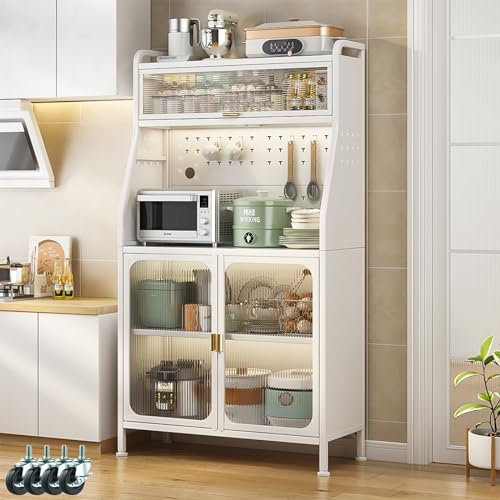 Fiutazge Mueble Auxiliar Cocina con Ruedas,Vitrina,Mueble Comedor,Moderno Armario Alto de Cocina con Puertas y Estantes Ajustables para Sala de Estar, Comedor, Entrada 76 x 36 x 160 cm Blanco