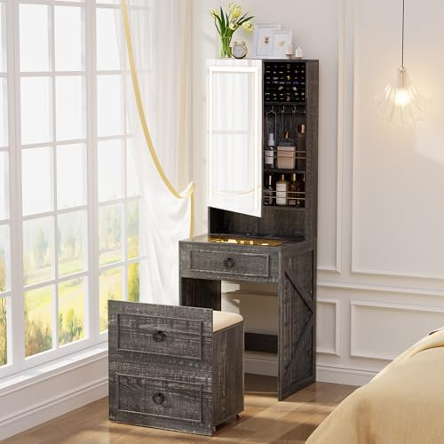 yoofun LED Dressing Table with Charging Station, 4 in 1 Vanity Desk with Lights and Mirror, Tall Makeup Table Set,Make Up Vanity Desk with Jewelry Armoire,Wheeled Stool,Glass Top,3 Drawers（Brown）