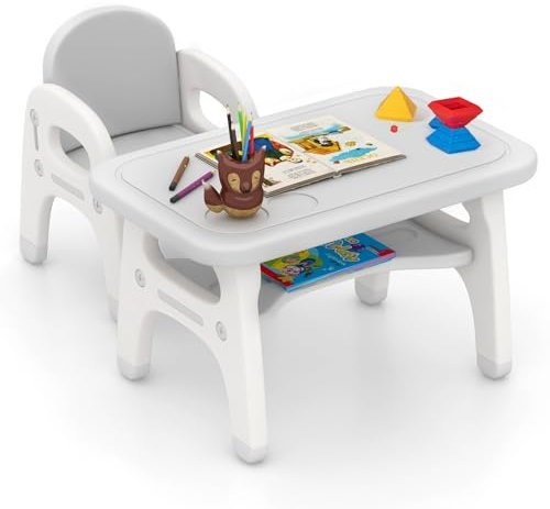 COSTWAY Kindertisch mit Stuhl, Kindersitzgruppe mit Bauklötze & Ablage, Maltisch Basteltisch Kinder mit Dinosaurierdesign, Kinder Tisch Stuhl Set für Kinder über 3 Jahren (Grau)