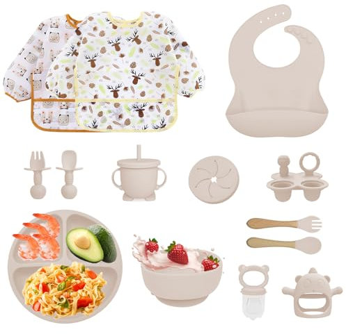 Bizcasa Silikon Baby Geschirrset, 14-teilig Kindergeschirr, Baby Weaning Besteck Set, Rutschfest,Teller, Schüssel,Gabel,Fruchtsauger, Babybrei Einfrieren Behälter, Beißring Baby, BPA Frei (Beige)