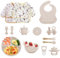 Bizcasa Vajilla Bebe Silicona, 14 Piezas Vajilla de Silicona para Bebés Antideslizante,Vajilla de aprendizaje para comer destete con Plato Cuenco Babero Taza Mordedor Fruta Bebe, Sin BPA (Beige)
