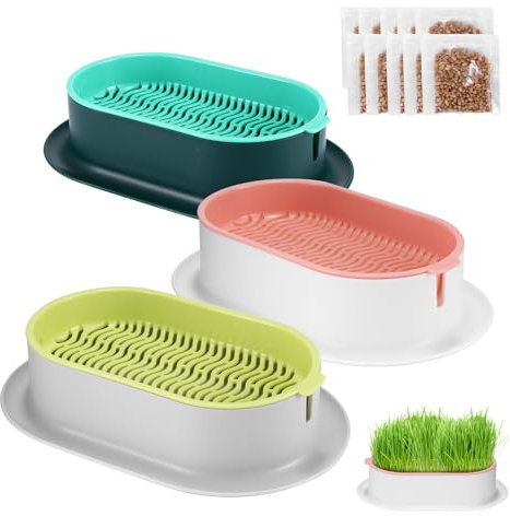 GEOKILO 3 Packs Cat Grass Planter Tray, Catnip Cat Grass Box with 15packs Seeds,Cat Snacks Supports Digestion & Immunity, Plastic Soil Free Cat Plant Planting Box for Planting Cat Grass