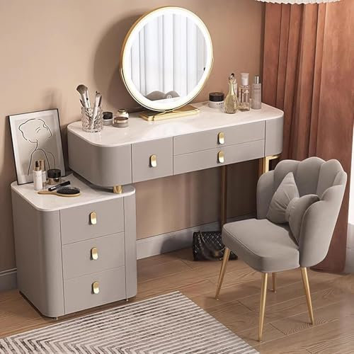 Meedlopia Schminktisch mit 6 Schubladen und Hocker, Schminktisch mit LED Beleuchtung und Spiegel, 3 Farben mit Einstellbarer Helligkeit, Kosmetiktisch für Schlafzimmer Frauen und Mädchen