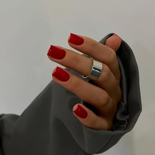 KQueenest Press on Nails Lot de 24 faux ongles courts avec colle - Rouge clair clair - Courts, unis - Carrés - Pour femmes et filles