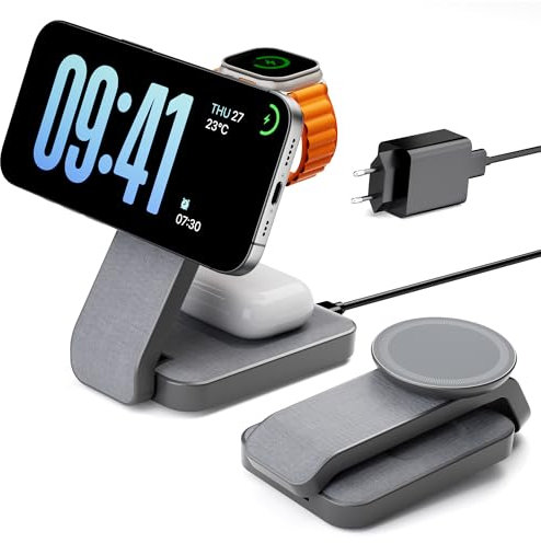Eazpower Magsafe Ladestation für Apple Watch und iPhone 3 In 1 Faltbar, Kabellose iPhone Ladestation Magsafe Ladegerät Mehrere Geräte, Reisen Tragbar Wireless Charger
