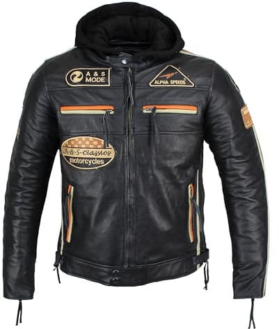 Herren Motorradjacke Lederjacke Biker Jacke mit Protektoren Leder Jacke mit Kapuze Leather Jacket Fashion Jacket Custom (DE/NL/SE/PL, Alphanumerisch, 3XL, Regular, Regular, Orange/Beige Streifen)