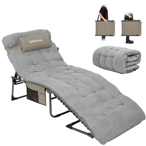 KingCamp Fällbar solstol med 5 cm madrass, 5 justerbara lägen, 180 kg | Fällbar trädgårdsstol, nackstöd och sidoficka, bärbar campingsäng för trädgård strand pool