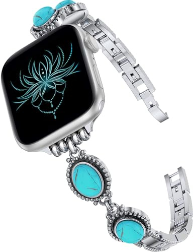 Wearlizer Turquoise Stone Bracelet Compatible with Apple Watch Strap 41/40/38/42mm Women Metal Boho Handmade Gemstone Adjustable Straps for iWatch Series SE/11/10/9/8/7/6/5/4/3/2/1 Silver/Turquoise