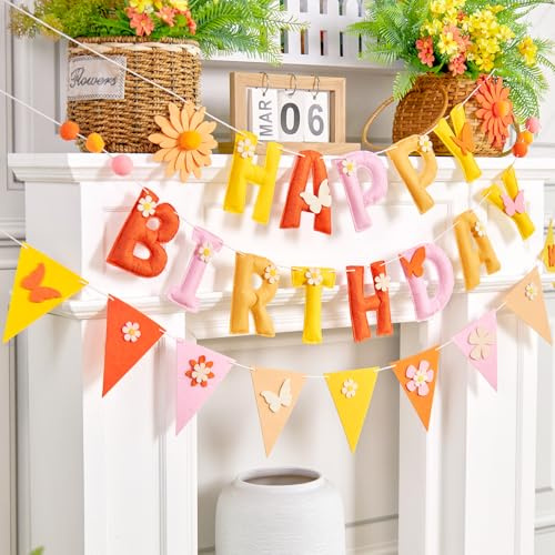 SUNBEAUTY Gänseblümchen Geburtstag Girlande Schmetterling Daisy Happy Birthday Girlande Filz Blumen Geburtstag Banner Kindergeburtstag Party Deko für Hochzeiten BabyShower Gartenfeier Geburtstagsdeko