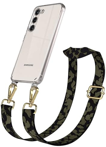 EAZY CASE Handykette - Verstellbares Taschenband kompatibel mit Galaxy S23, Schulterriemen, Handykordel mit Silikon Hülle, Umhängetasche, Dunkelgrün Camouflage Gold