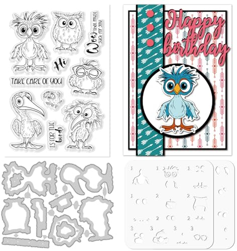 ORIGACH Vögel Stempel, Stanzen und Schichtfärbe-Schablonen Bundle | Lustige Klare Stempel und Stanzformen Set, Stempels und Schablonen für die Kartenherstellung