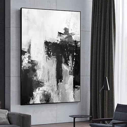 UUDEZO Gerahmter, moderner abstrakter Kunstdruck auf Leinwand in Schwarz-Weiß mit Struktur, großes Wandbild für das Wohnzimmer (80 x 100 cm (31 x 39 Zoll), schwarzer Rahmen)