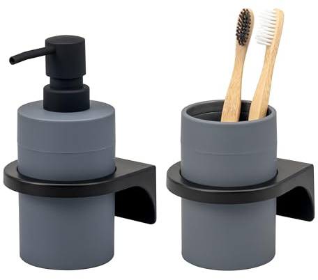 bremermann Badezimmer-Set Savona mit Soft-Touch Oberfläche inkl. Wandhalterung zum Kleben oder Bohren, rundes Bad-Accessoires Set 2tlg. aus 1x Seifenspender und 1x Becher aus Kunststoff (Grau)