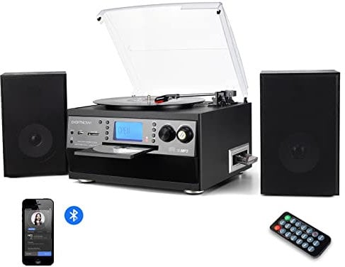 DIGITNOW! Bluetooth Viny Record Player, Turntable for CD, Cassette, AM/FM Radio and Aux in, USB port and SD Encoding, Remote Control, with Standalone Stereo Speakers