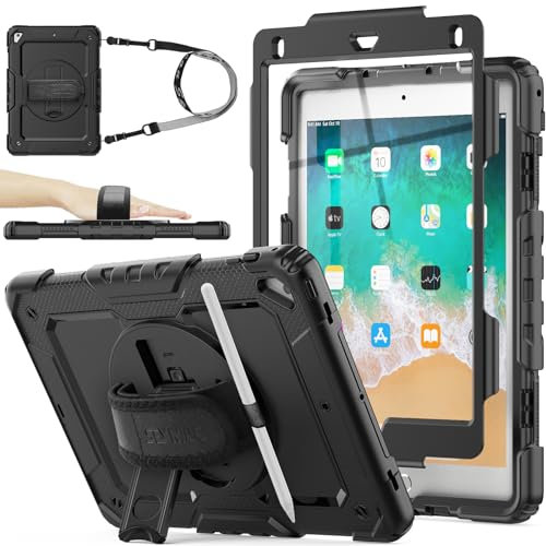 SEYMAC stock iPad 6./5. Generation Hülle 9,7 Zoll 2018/2017, iPad Air 2 / iPad Pro 9,7 Stoßfest Hülle mit Displayschutzfolie, Stifthalter, 360 Drehbar Ständer/Handschlaufe & Schultergurt, Schwarz