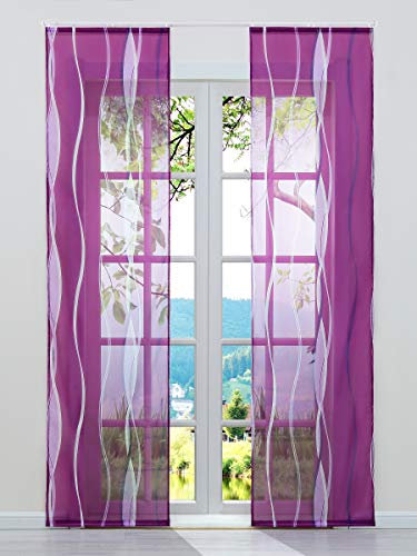 ESLIR 2er Set Flächenvorhänge Schiebegardinen Voile Gardinen mit Klettband Schiebevorhang Transparent Vorhang Wellen Muster Violett BxH 57x175cm 2 Stück