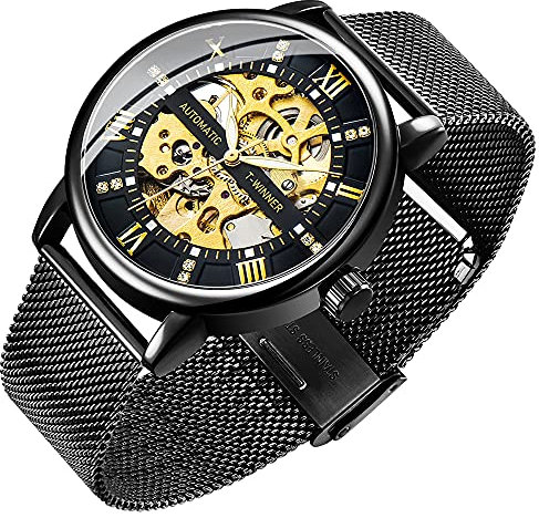 Dentily Herren-Skelett-Uhr, klassische römische Ziffern, Steampunk, mechanische Uhr, Handaufzug, Herrenuhren (blau), Schwarz Gold, Mechanisch