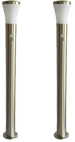 2x Edelstahl Außen-Steh-Wege-Leuchte-Lampe SIEGEN mit Bewegungsmelder Kunststoff-Schirm weiß 1x E27 H: 100cm D:12cm IP44 Gartenbeleuchtung (2x Stehleuchte mit Sensor)