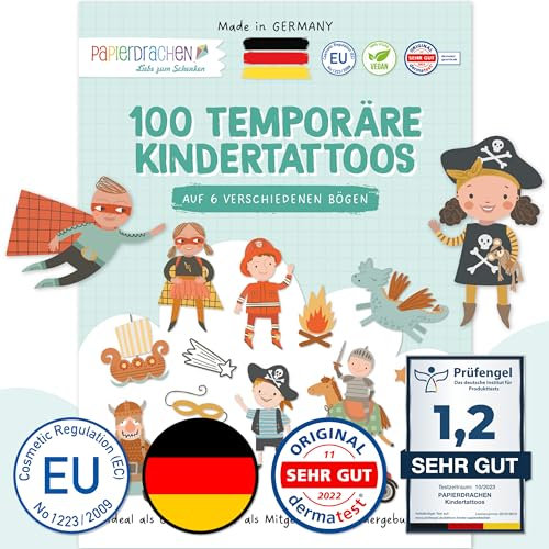 Papierdrachen 100 Kindertattoos zum Aufkleben aus Deutschland - Tattoos mit Heroes und weiteren kindgerechten Designs - als Geburtstagsmitgebsel - vegan - Diversity - Set 15