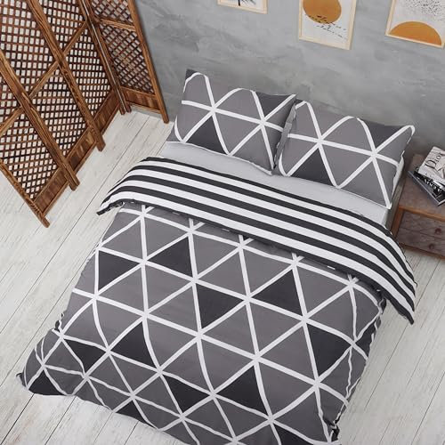 Vency Bettwäsche 200x200 3-Teilig Grau - Oeko-TEX 80% Baumwolle & 20% Polyester, 1x Bettbezug Reißverschluss + 2X Kissenbezug 50x80 Umschlagverschluss, Stripe Modell