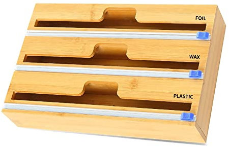 YDFYX Foil and Plastic Wrap Organizer, 3 in 1 Wrap Dispenser with Cutter, Bamboo Roll Organization Storage Holder, Aluminum Foil, Wax Paper, Parchment Paper,Tin Foil Dispenser for Drawer (3in1)