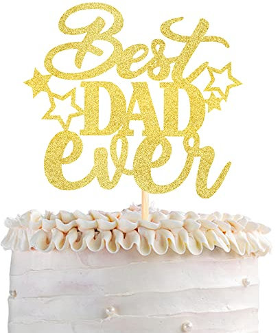 SYKYCTCY 1 Pack Happy Father's Day Cake Topper Glitter Best Dad Ever Cake Pick Super Dad Star Cake Decoration Love Dad Cupcake Topper for Happy Father's Day Theme Men Birthday Party Supplies Gold