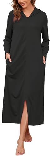 HALCYEEN Damen-Bademantel mit Kapuze, Reißverschluss, lange Ärmel, Hausmantel, volle Länge, Nachthemd mit Taschen, S-XXL