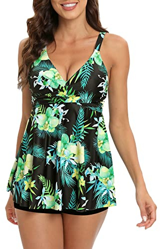Adigaber Maillot De Bain Deux Pièce Tankini Imprimé Rembourré Maillot avec Short de Garçon Maillots de Bain à Jupette Elégante Taille Haute Beachwear,Fleur Verte,M