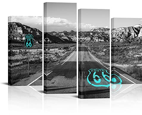 RyounoArt Großes 4teiliges Wandbild für Schlafzimmer US Route 66 Schild Schwarz und Weiß Blaugrün Dekor Leinwanddruck Kaliforniens Mojave Wüste Straße Landschaft Bild Kunstwerk Wohnzimmer Büro