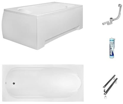 ECOLAM Baignoire rectangle Bona 160x70 cm pieds, tablier en acrylique, siphon + silicone. Baignoire acrylique blanc