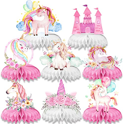 8Stk Magisches Einhorn Honeycomb Ornament,Rosa Serie Tischaufsätze aus Papier, Mädchen Geburtstag Thema Party Tischdeko DIY Papierblume