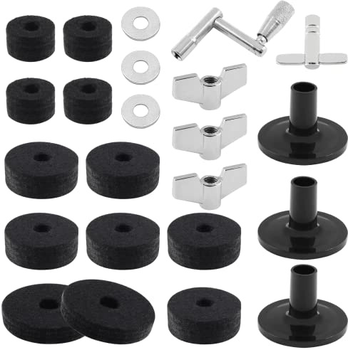 Biaungdo 23 Pcs Cymbal Replacement Accessories, Cymbal Felts Hi-hat Felt Cymbal Cup Cymbal Stand Sleeve with Cymbal Washer and Base, Wing Nuts, and Drum Key Replacement for Drum Set (Black)