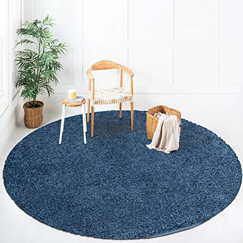 payé Teppich Rund Hochflor Shaggy - 160x160cm - Blau Einfarbig Uni Flauschig Modern Boho Wohnzimmer Schlafzimmer Deko Teppiche Weich Schlafzimmer