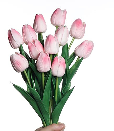 Anaoo 12 Pezzi Tulipani Fiori Artificiali Finti in Lattice Realistico Bouquet Decorazione per Nozze, Composizioni Floreali, Feste, Natale, Matrimoni, Casa, Ufficio, Effetto, Rosa Chiaro