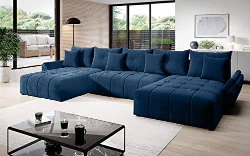 Vigo Velvet Monolith Ecksofa in U-Form 382 cm x 190 cm - Schlafsofa mit Bettkasten - Couch mit Stauraum und Kissen - Sofa mit Schlaffunktion - Ausziehbares Schlafsofa - Farbe: Blau (M-77)