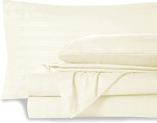 100% Long Staple Egyptian Cotton 4 Piece Sheet Set + 1 Duvet Cover with Zipper, 400 Thread Count Bedding with 35cm Deep Pocket Fitted Sheet - Ivory Stripe, Single Size 5 Piece Sheet Set.