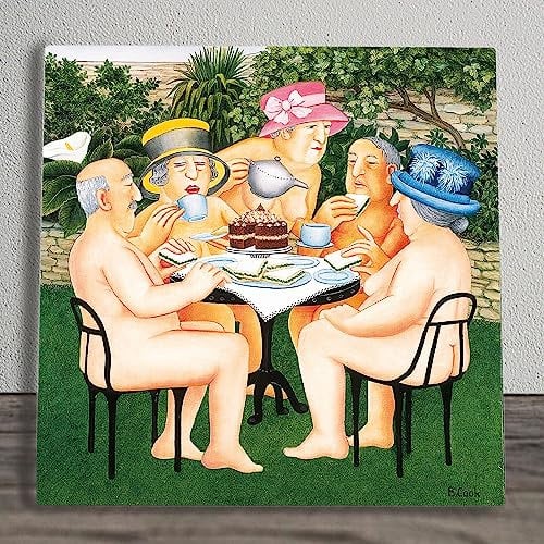 Global Designs Tea In The Garden Ceramic Tile Picture Plaque Sign Nudist Wall Art By Beryl Cook UV Printed Artwork 20x20cm