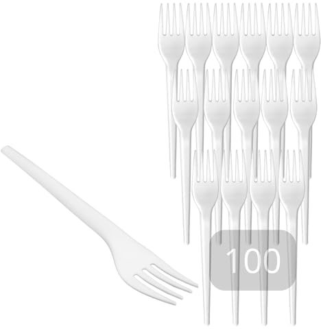 PAJADA - Forchette in plastica riutilizzabili, Pack da 100 forchette bianche, eco riutilizzabili, lunghezza 16,5 cm, lavabili in lavastoviglie, ideali per dolci, dessert, pasta, frutta.