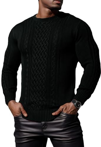 Hisir Men's Winter Thick Cable Knit Jumpers Casual Crew Neck Warm Long Sleeve Pullover Sweater Tops for Men (Black, L)