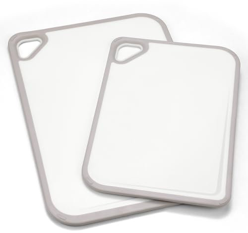 BOUAIDA Tabla de cortar, tabla de cortar de plástico sin BPA, corte antideslizante, ranuras para jugos, colgar, apta para lavavajillas, juego de tablas de cortar de cocina resistente y duradera (juego