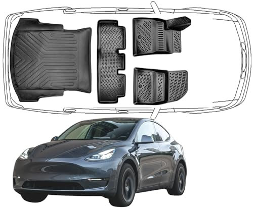 Trimak Passgenau 3D Fussmatten & Kofferraumwanne Auto Set Kompatibel mit Tesla Model 3 2017-2024 Auto Zubehör Gummimatten & Kofferraummatte Autos TPE Allwetter Geruchlos rutschfest Schwarz