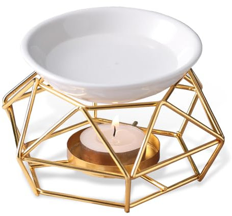 Aoreun Brûleur à Huile Essentielle en métal avec Bol en céramique, Bruleur Fondant Lampe à Bougie parfumée en métal avec Support Brûleur à Huile géométrique diffuseur d'arômes