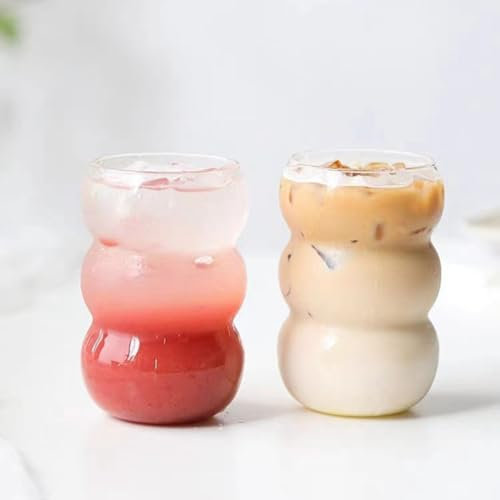 URMAGIC Lot de 2 verres à boire vintage en verre ondulé de 530 ml, verres à café glacé en forme de gourde, verres à boisson en forme de vague, verrerie côtelée, tasse à bière, gobelet à eau, tasse à
