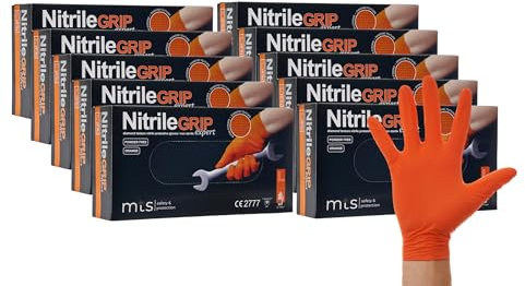 MTS Safety & Protection Einweghandschuhe XXL - 500 Stück/Box Nitrilhandschuhe Orange Handschuhe Nitril Diamantstruktur Grip - Einmalhandschuhe Puderfreie & Latexfreie Gummihandschuhe (XXL, 500 Stück)
