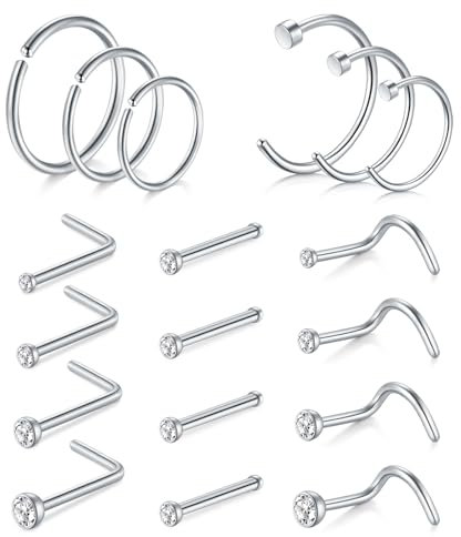 AVYRING 18G Stainless Steel Nose Stud Screws with Cubic Zirconia, Nose Studs Rings Hoop Set for Women Men, Pack of 18 Pieces