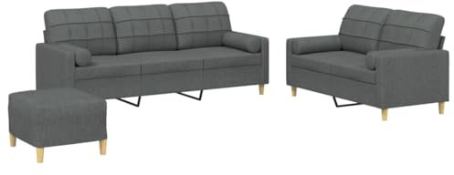 vidaXL Sofagarnitur 3-TLG., Sessel Couch mit Kissen Fußhocker, Sofa Wohnzimmersofa mit Armlehnen, Couchgarnitur Designsofa Sitzmöbel Polstermöbel, Dunkelgrau Stoff