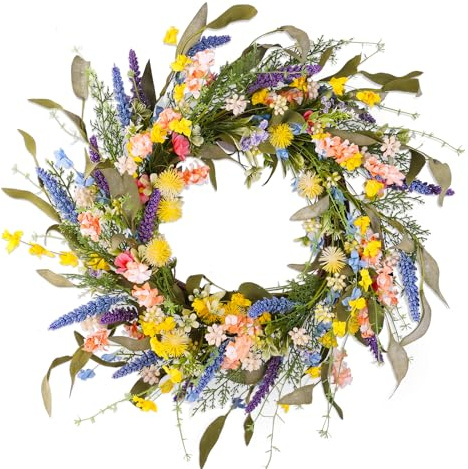 22 Colorful Wildflower Spring Summer Wreath with Green Leaves, Floral Artificial Wreath for Front Door Home Wall Wedding Farmhouse Holiday Outdoor Indoor Décor (Yellow)