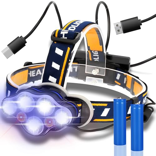 Retoo Stirnlampe LED Wiederaufladbare Modi Kopflampe mit Rot weiß Warnlicht USB Wasserdicht Stirnleuchte für Outdoor Camping Wandern Arbeiten, 1500mAh