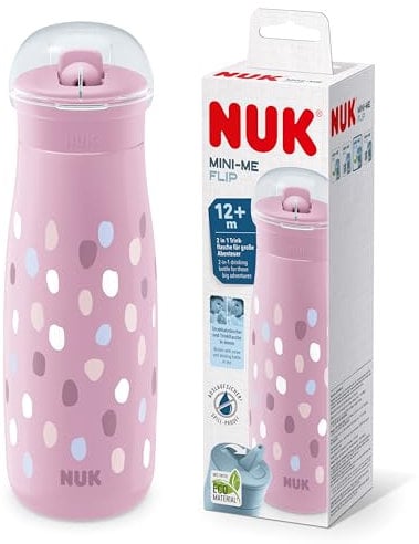Vaso NUK Mini-Me Sip para niños pequeños con pajita | 12+ meses | 450 ml | Botella de agua para niños | Boquilla endurecida a prueba de fugas | A prueba de roturas | Toques de pintura rosa